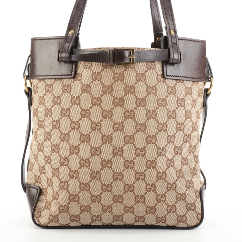 Rare Authentic Gucci GG Canvas And Leather Vertical Buckle Tote